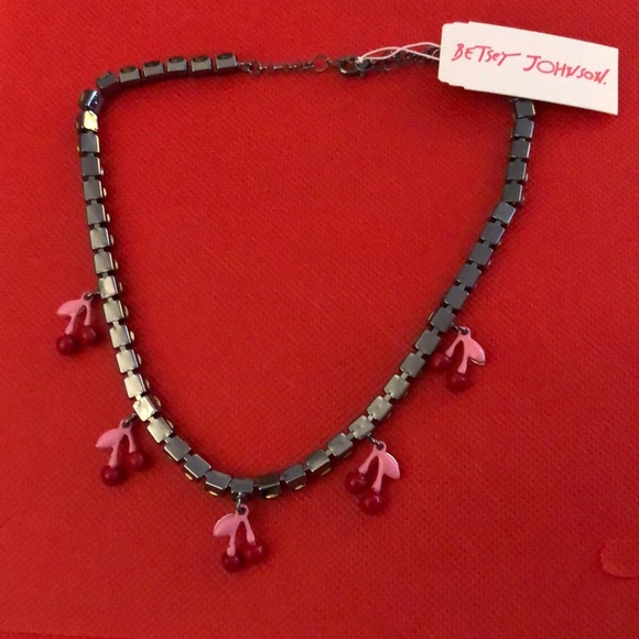 Betsey Johnson Hematite Tone Black Crystal Tennis Necklace Cherry Charms NWT - Picture 9 of 12